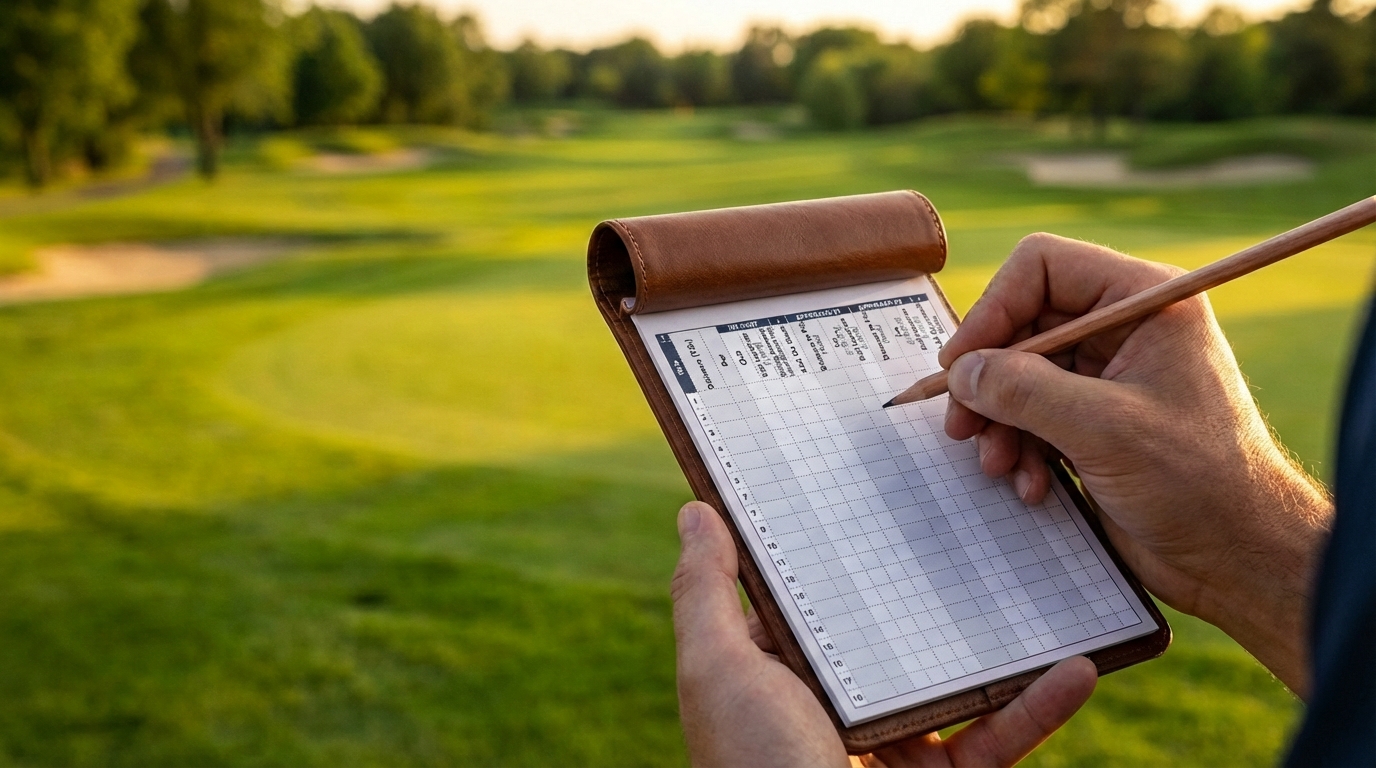 Golfer marking score on traditional scorecard on the course